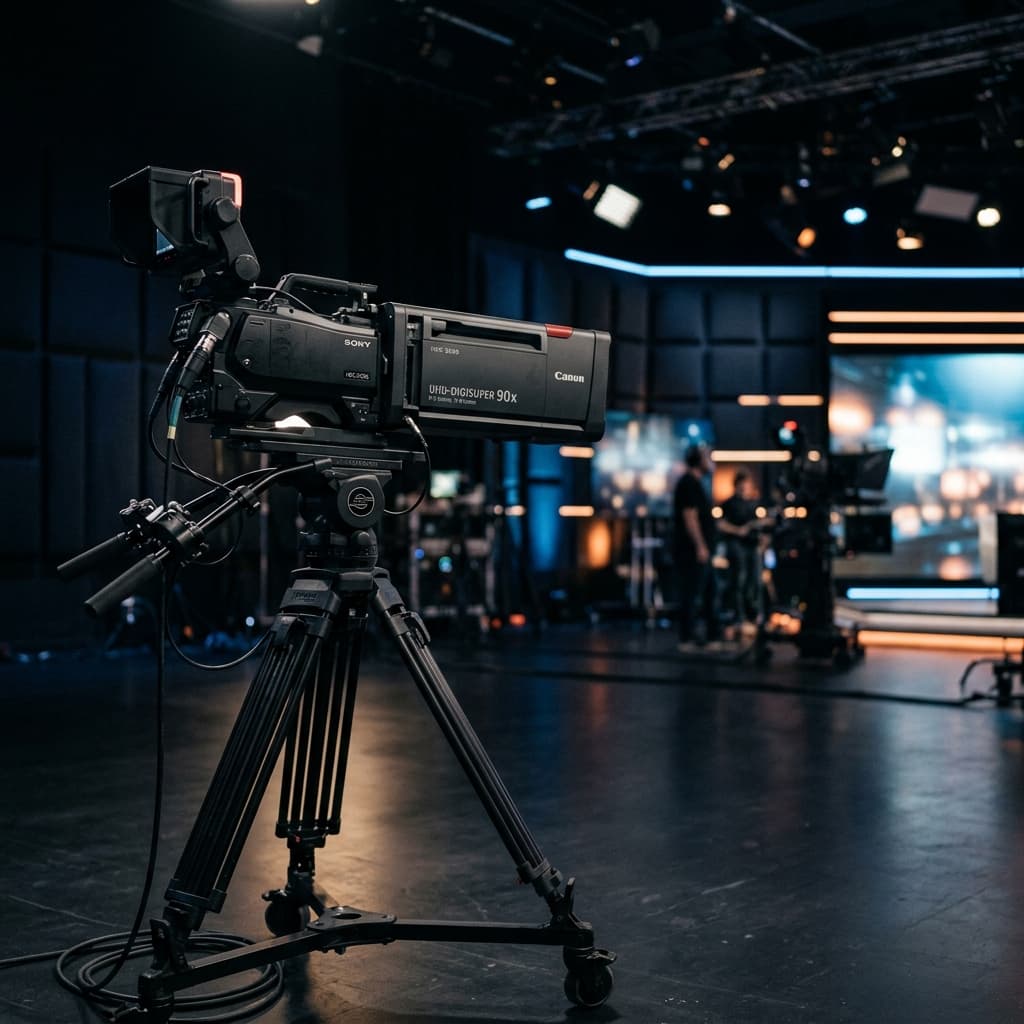 Professional television camera in a media studio background